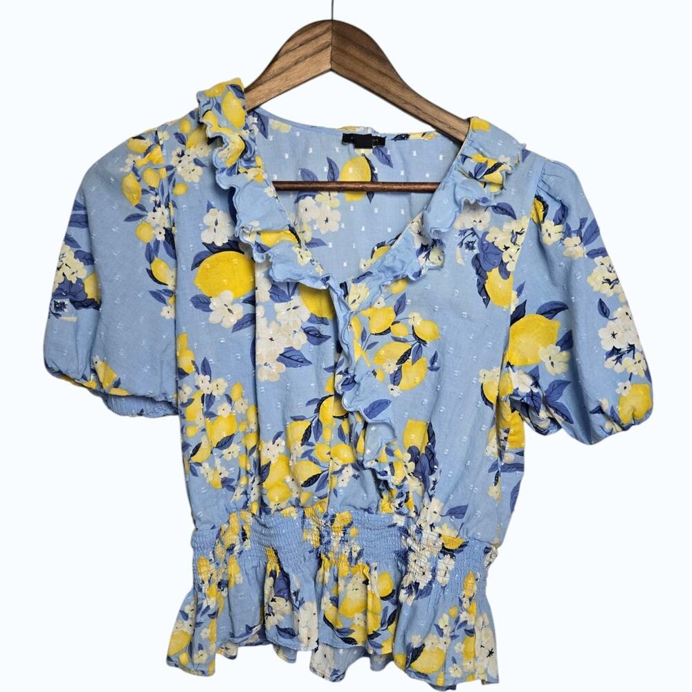 Ann Taylor Light Blue Lemon‑Print Ruffle Peplum Blouse – Size S